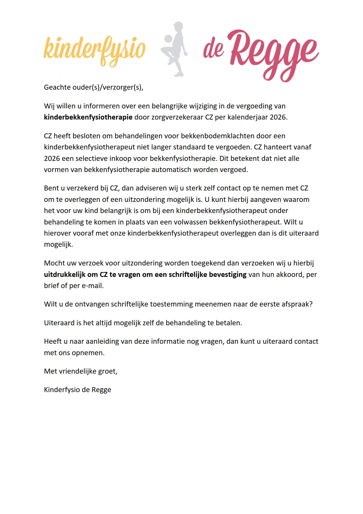 Brief CZ geen vergoeding kinderfysiotherapie